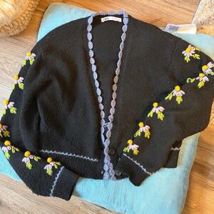 Zara Black Slightly Cropped Cardigan with Floral Embroidery & Scallop Detailing
